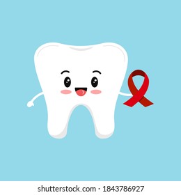 Diente con cinta roja para el sida. Vector lindo diente sosteniendo un signo de conciencia del vih - apoya el símbolo de control de enfermedades solidarias. Concepto de prevención dental del día mundial del sida. Ilustración de dibujos animados de diseño plano.