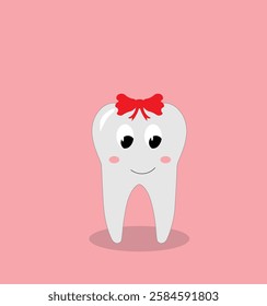 tooth and red bow on pink background