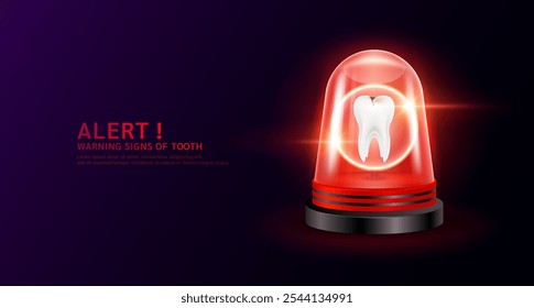 Tooth in red siren light. Danger signs of Dental caries or Tooth decay and Gingivitis disease. Warning flasher alert emergency. Medical distress signal. Vector EPS 10.