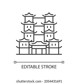 Icono lineal del templo de reliquia dental. Centro espiritual para los budistas. Arquitectura del sur de China. Ilustración personalizable de línea delgada. Símbolo de contorno. Dibujo de contorno aislado del vector. Trazo editable