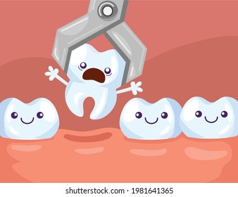 Tooth removal cartoon vector illustration. Dental forceps pulling surprised tooth out of row of happy healthy teeth in pink background. Dental care, health, extraction concept for banner design