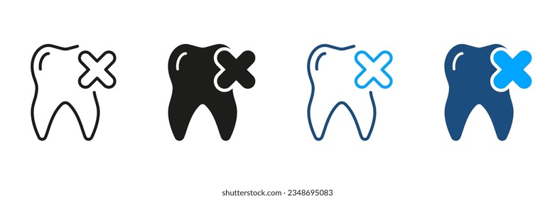 Tooth Removal Silhouette and Line Icon Set. Delete Dental Pain. Cancel Molar Teeth Pictogram. Medical Oral Care Black Symbol Collection. Dental Treatment Sign. Isolated Vector Illustration.