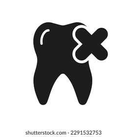 Tooth Remove Silhouette Icon. Delete Dental Pain. Cancel Molar Teeth with Cross Glyph Pictogram. Medical Oral Care. Dental Treatment Solid Sign. Dentistry Symbol. Isolated Vector Illustration.