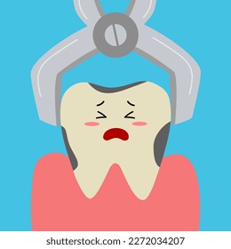 Tooth is removed by dentist tool. Cute cartoon of cavity tooth concept vector illustration. Dental problem.