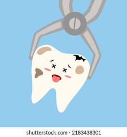 Tooth Is Removed By Forceps. Cute Cartoon Of Cavity Tooth Concept Vector Illustration. Dental Problem.