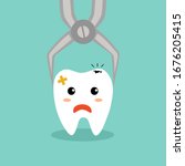 Tooth is removed by forceps in oral cavity.  Cute cartoon of cavity tooth concept vector illustration. Children dentistry character in flat design.