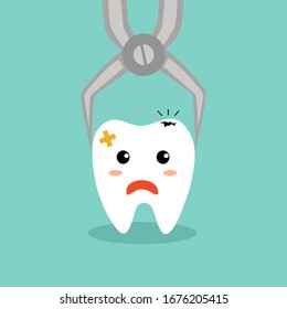 El diente se elimina por los fórceps en la cavidad oral.  Dibujo corto de la ilustración vectorial concepto cavity tooth. Carácter odontológico infantil de diseño plano.