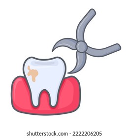 The tooth is removed with forceps. Dental groove with a dental implant. Vector illustration of teeth isolated on white background.