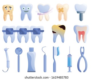 Tooth restoration icons set. Cartoon set of tooth restoration vector icons for web design