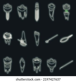 Tooth restoration icons set. Isometric set of tooth restoration vector icons neon color on black