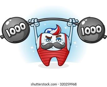 Tooth Retro Body Builder Cartoon Character with Mustache