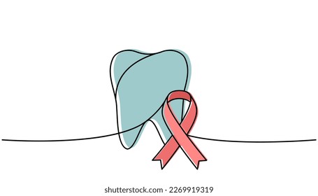 Tooth with ribbon one line colored continuous drawing. Cancer awareness ribbon, AIDS tape continuous one line colorful illustration.