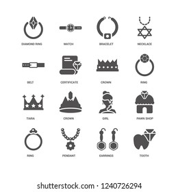 Tooth, Ring, Crown, Pawn shop, Diamond ring, Belt, Tiara, Earrings, Pendant, Bracelet icon 16 set EPS 10 vector format. Icons optimized for both large and small resolutions.