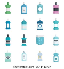 Tooth rinse icons set flat vector. Fresh breath. Liquid bottle isolated