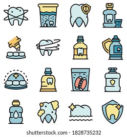 Iconos para enjuagar dientes. Conjunto de esquemas de enjuague dental iconos vectoriales color de línea delgada plano sobre blanco