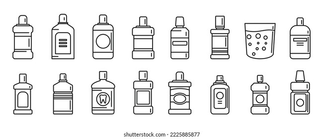 Iconos de enjuague dental establecen el vector de contorno. Respiro fresco. Frasco líquido