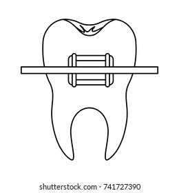 tooth with root and brace in monochrome silhouette vector illustration