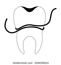 tooth with root and dental floss around in black silhouette