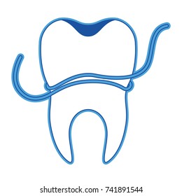 tooth with root and dental floss around in blue silhouette vector illustration