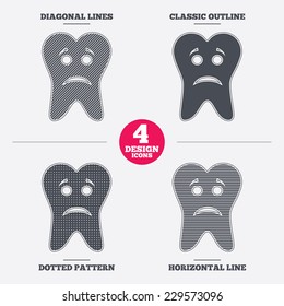 Tooth sad face sign icon. Aching tooth symbol. Unhealthy teeth. Diagonal and horizontal lines, classic outline, dotted texture. Pattern design icons.  Vector