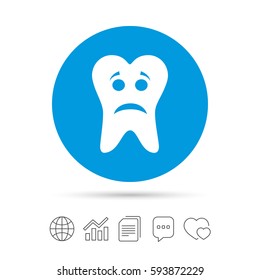 Tooth sad face sign icon. Aching tooth symbol. Unhealthy teeth. Copy files, chat speech bubble and chart web icons. Vector