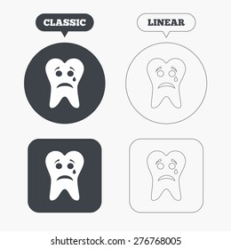 Tooth sad face with tear sign icon. Aching tooth symbol. Unhealthy teeth. Classic and line web buttons. Circles and squares. Vector