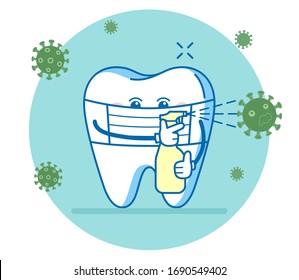 El diente con sanitizador y virus. Ilustración dental en relación con la pandemia COVID-19.