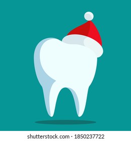 Tooth with santa claus hat. Christmas greeting card from the dental clinic from the dentist. Vector illustration, flat design cartoon style, isolated background.