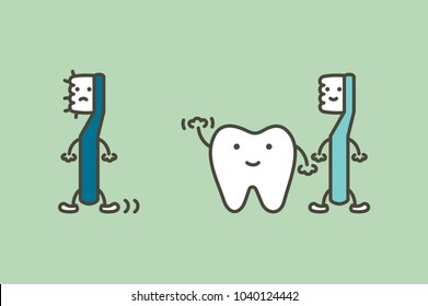 Tooth Say Goodbye Old Toothbrush Change To New For Healthy Teeth, Dental Care Concept - Dental Cartoon Vector Flat Style Cute Character For Design