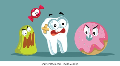 
Tooth Scared of Candy and Sweets Vector Concept Illustration. Unhappy molar suffering from sugar excessive consumption 
