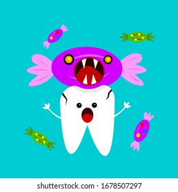 tooth scared cartoon character with cracks in enamel and candy Monster with sharp fangs and open mouth. Hygiene and dentistry concept. object on a blue background