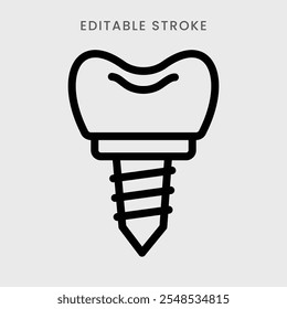 Vetor de ícone de implante de parafuso dentário. Implantes dentários, ícone do esboço do símbolo de restauração. Traçado editável