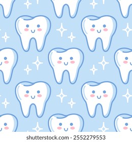 Tooth seamless pattern. Cute cartoon characters in kawaii style. Healthy organ, digestive system. Vector illustration, flat style. Health problems. For wallpaper, fabric, packaging, background.