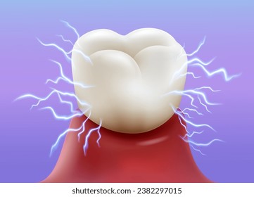 Sensibilidad dental por la salud de las raíces y encías dentales. Concepto de dolor en el fondo del relámpago. Ilustración vectorial realista.