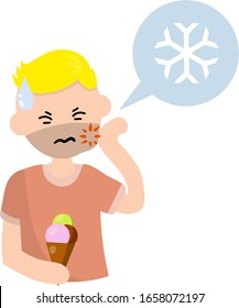 Tooth sensitivity. Man and ice cream. Pain in cheek and cold. Bubble with snowflake icon. Sad boy. Cartoon flat illustration. Soreness and need for treatment