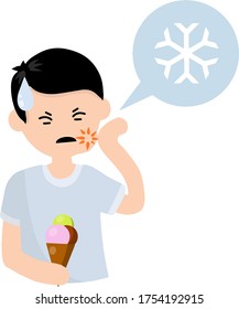 Tooth sensitivity. Man and ice cream. Pain in cheek and cold.
