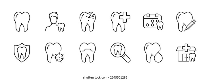 Tooth set icon. Dentist, roots, enamel, anesthesia, caries, mouth, artificial limb, toothpaste, injection, doctor, diploma. Health care concept. Vector line icon on white background