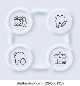 Tooth set icon. Roots, artificial limb, diploma, enamel, mouth, anesthesia, caries, doctor, toothpaste, injection, Dentist. Health care concept. Vector line icon on white background