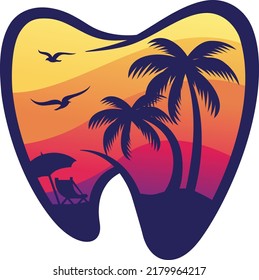 Tooth Shape Frame With Beach Vibe Illustration For Dental Clinic Or Dentist Business In Tropical Island Logo 