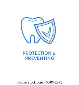 Tooth with a shield and a check mark isolated on white. Dental icon. Teeth protection pictogram. Dental health logotype. Linear style illustration.