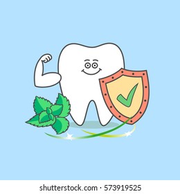 Tooth with a shield, a check mark, a mint and muscles. Healthy teeth. Dental care and hygiene icon. Cartoon tooth.