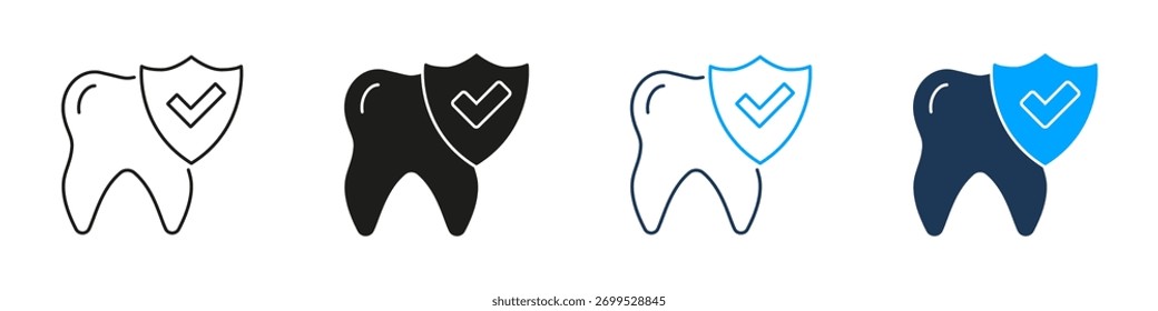 Dente Com Blindagem E Linha De Marca De Seleção E Conjunto De Ícones Sólidos. Proteção Dentária, Saúde Oral E Coleção De Símbolos De Prevenção De Cavidade. Dental Care Assurance. Ilustração de vetor isolada.