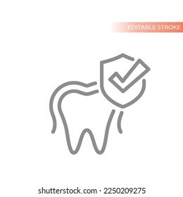 Tooth with shield and checkmark line vector icon. Protected dental care, enamel outline symbol.