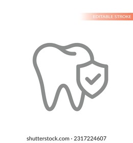 Tooth and shield with checkmark line vector icon. Dental insurance, protected and covered outlined symbol.