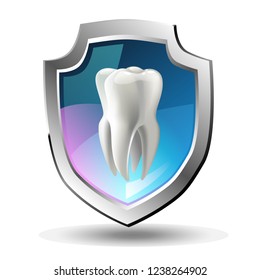 A tooth shield concept of a shiny white tooth being protected by a shield icon