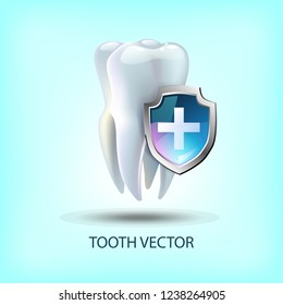 A tooth shield concept of a shiny white tooth being protected by a shield icon