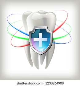 A tooth shield concept of a shiny white tooth being protected by a shield icon