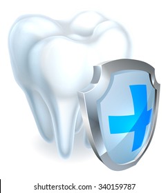 A tooth shield concept of a shiny white tooth being protected by a shield icon