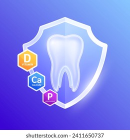 Zusammen in Schutzglas mit Vitamin D Mineralien Kalziumkalium. Essenzielle Nährstoffe für die Zähne gesund verhindert Zerfall und Gingivitis. Orale Behandlung. Konzepte des Zahnarztes im Gesundheitswesen. Vektorgrafik.