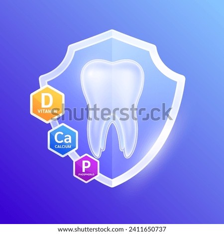 Tooth in shield glass with vitamin D minerals calcium potassium. Essential nutrients for teeth healthy prevents decay and gingivitis. Oral treatment. Health care dentist concepts. Vector.